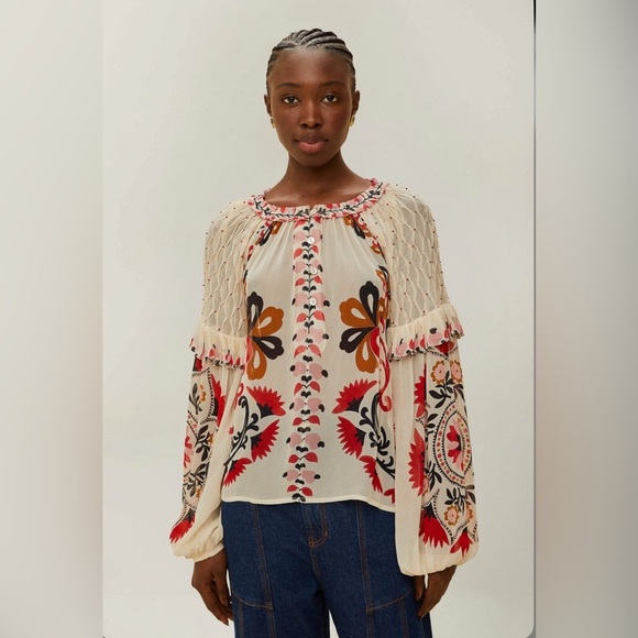 FARM Rio Tops - Farm Rio Cream Cashew Mandala Embroidered Blouse